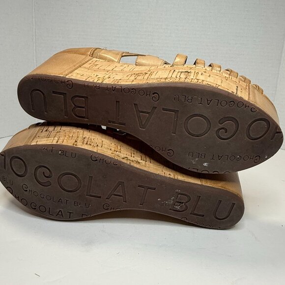 Chocolat Blu Woven Peep-Toe Wedge Sandals Women's Size 8.5 Tan Cork Platform Hee - Picture 9 of 9
